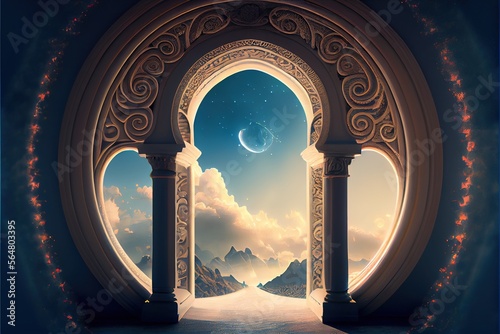 Gates to heaven, 3D illustration with a beautiful arch and a beautiful sky. The concept of freedom. Generative ai