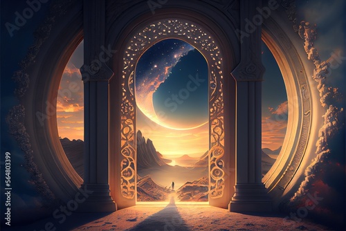 Gate to heaven  a beautiful arch through which there is a passage to heaven. 3d illustration generative ai