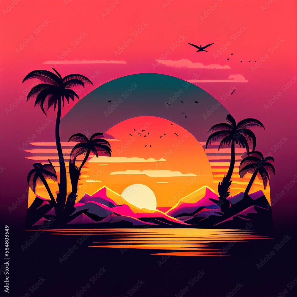 Retrofuturistic illustration skyline in neon colors, sun and palm trees. Vaporwave and synthwave concept. Retro poster from 80s - 90s. Generative AI
