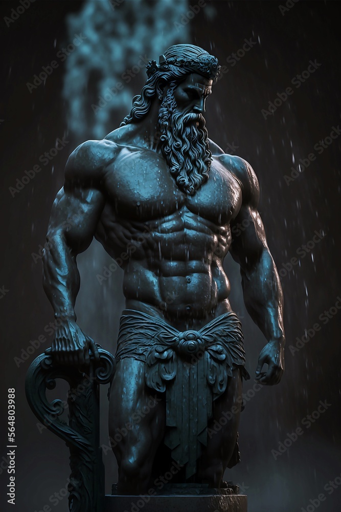 Poseidon Greek god statue in rain Poseidon Greek god statue in rain