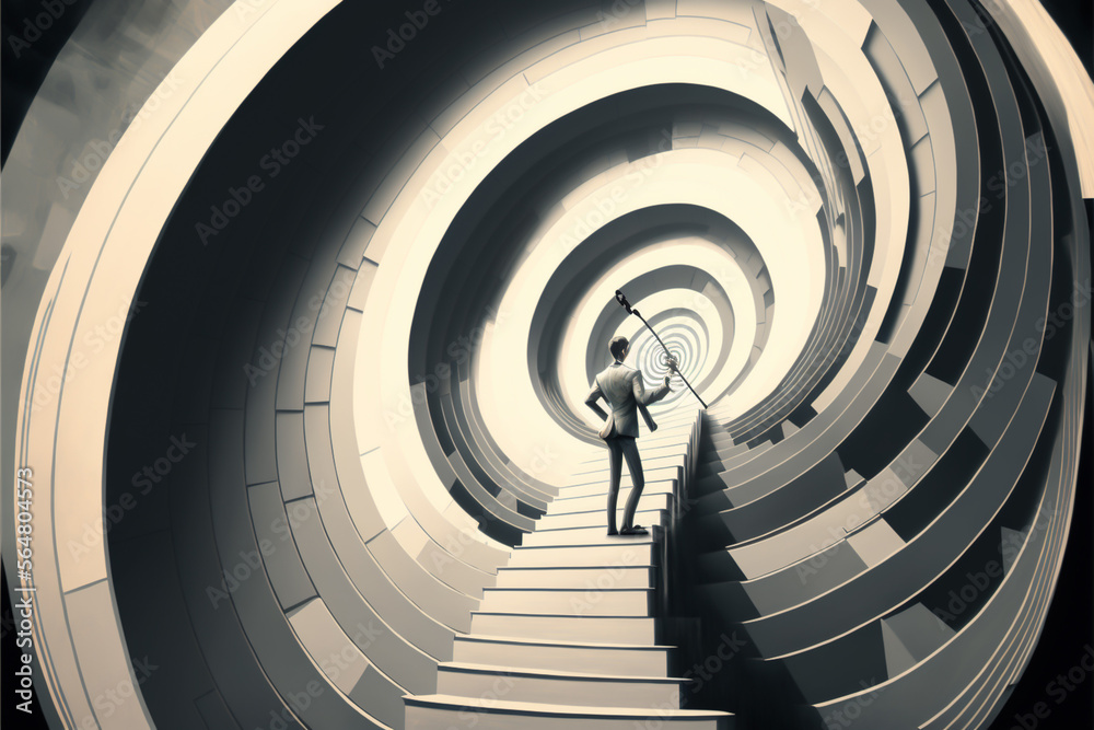 Fototapeta premium A businessman is running up a stairway, determined to reach his target. the challenge and trouble along the path, he is determined to overcome all obstacles in order to achieve success generative ai