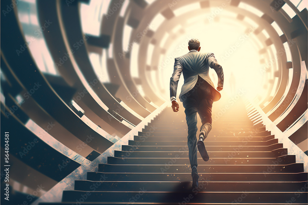 A businessman is running up a stairway, determined to reach his target ...