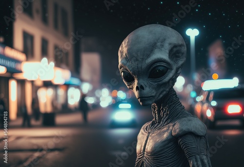 llustration, alien in the streets of a city at night, generated AI
