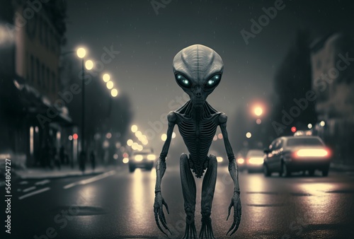 illustration, alien in the streets of a city at night, generated AI