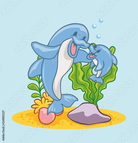 Fototapeta Naklejka Na Ścianę i Meble -  Illustration Dolphin mom playing with her kid