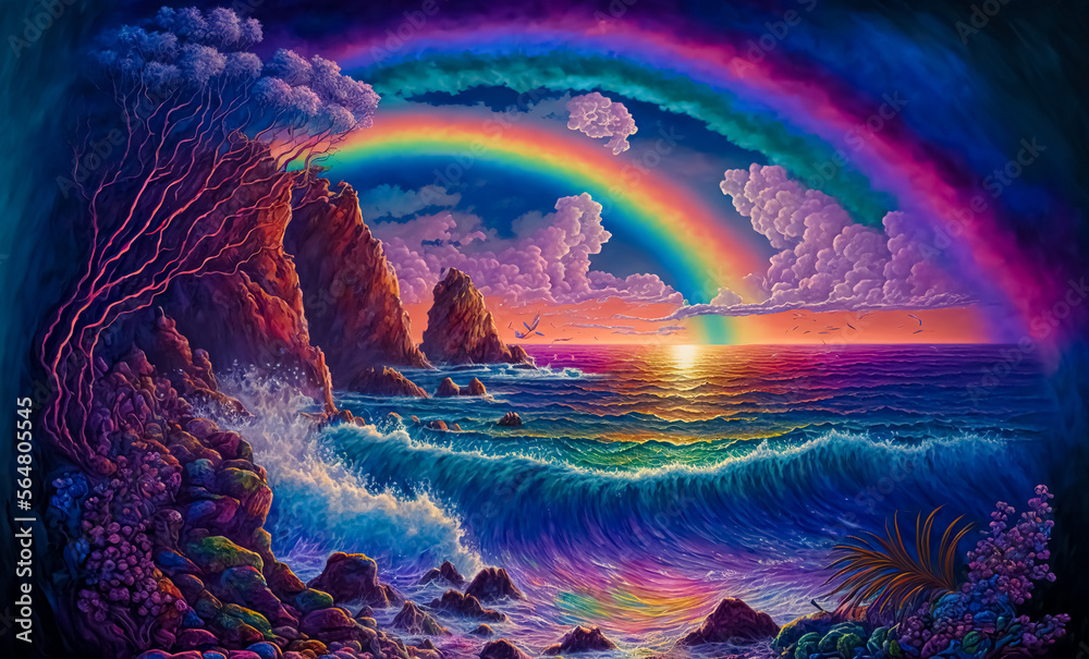 Magical fantasy fairytale landscape with multi colored calm sea with rainbow. digital art	