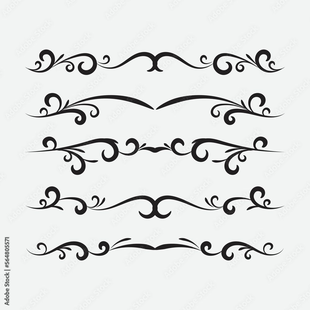 Set of ornamental filigree flourishes and thin dividers. Classical vintage elements, vector illustration Set of ornamental filigree flourishes and thin dividers. Classical vintage elements, vector illustration