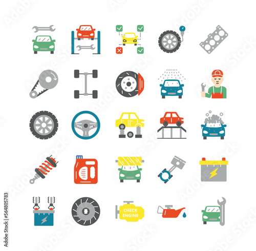 Car service icons set. Collection of graphic elements for website. Cleaning and repair of vehicle and transport. Worker with wrench. Cartoon flat vector illustrations isolated on white background