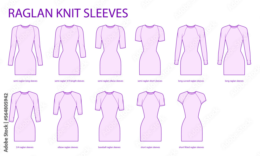 Set of Raglan knit sleeves clothes curved semi-raglan, long, 3-4, elbow, baseball, short technical fashion illustration, fitted. Flat apparel template front side. Women, men unisex CAD mockup Set of Raglan knit sleeves clothes curved semi-raglan, long, 3-4, elbow, baseball, short technical fashion illustration, fitted. Flat apparel template front side. Women, men unisex CAD mockup