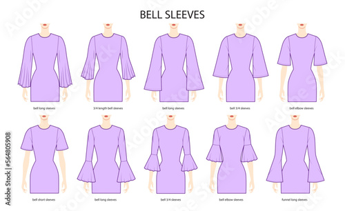 Set of Bell sleeves clothes long, short, 3-4, elbow length funnel technical fashion illustration with fitted body. Flat apparel template front side. Women, men unisex CAD mockup