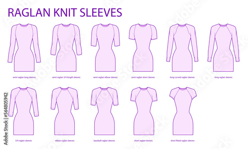 Set of Raglan knit sleeves clothes curved semi-raglan, long, 3-4, elbow, baseball, short technical fashion illustration, fitted. Flat apparel template front side. Women, men unisex CAD mockup