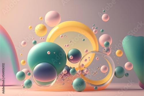 bubbles, yellow, green, transparent and pink floating, gradient background in pastel colors. Generative Ai