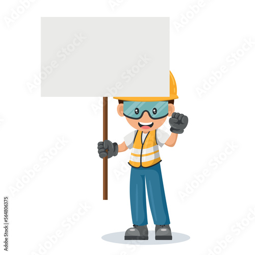 Industrial worker with his personal protective equipment holding a protest sign with space for text. Industrial safety and occupational health at work