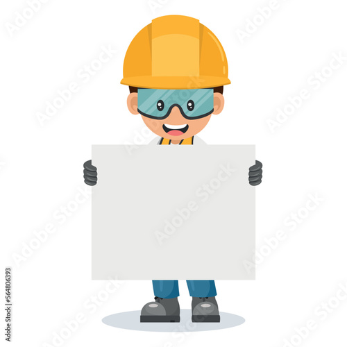 Industrial worker with his personal protective equipment holding banner with space for text for advertising, presentations, brochures. Industrial safety and occupational health at work