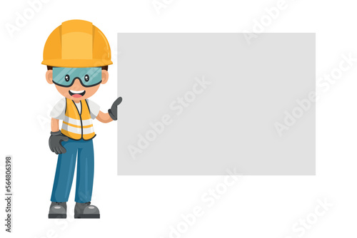Industrial worker with his personal protective equipment holding poster or banner with space for text for advertising, presentations, brochures. Industrial safety and occupational health at work