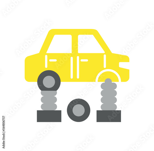 Car without wheel icon. Car parts replacement, modernization and tuning. Graphic element for website, poster or banner. Yellow transport in workshop. Cartoon flat vector illustration