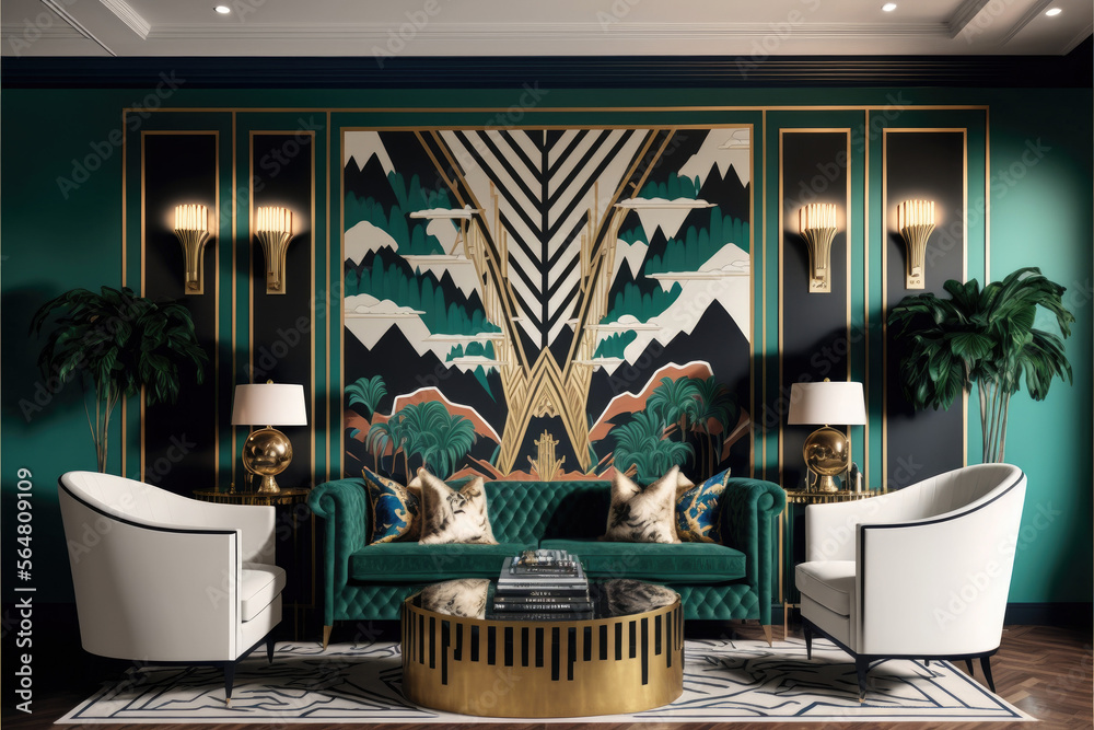 luxury living room art deco apartment hotel house interior with sofa
