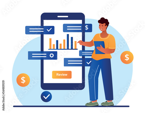 Business analysis concept. Work with statistics and information. Modern technologies and digital world. Evaluation of charts, graphs and diagrams, infographics. Cartoon flat vector illustration