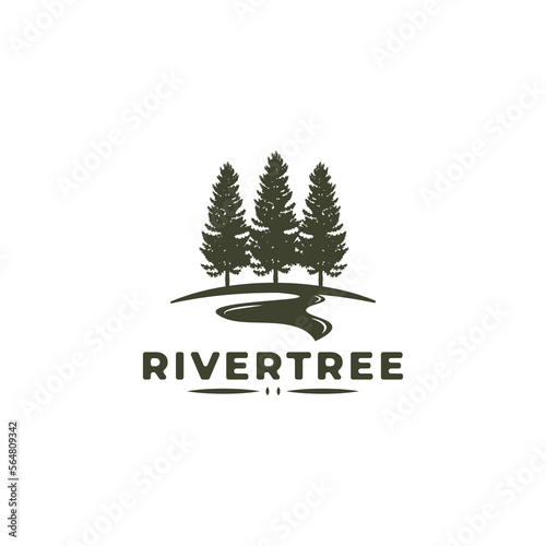 Pine trees evergreen with river creek logo vector illustration design template, vector illustration for outdoor logo design inspiration