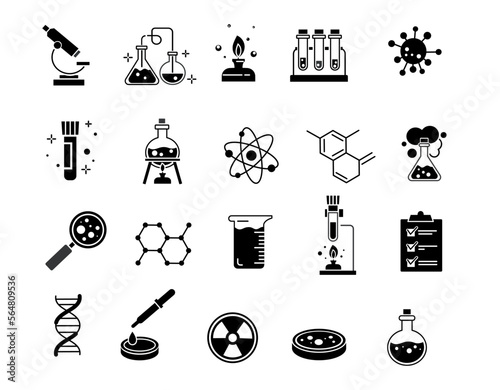 Chemistry icons black set. Collection of graphic elements for website. Scientific experiments in laboratory, flask with substance. Cartoon flat vector illustrations isolated on white background