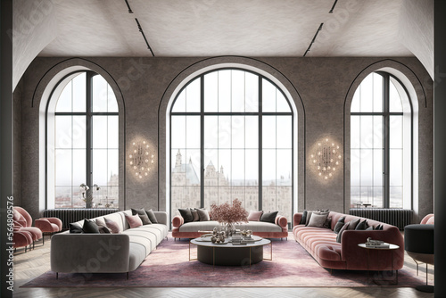 Lavish fancy apartment interior, marble floor, High ceilings, High glass windows, art deco, 