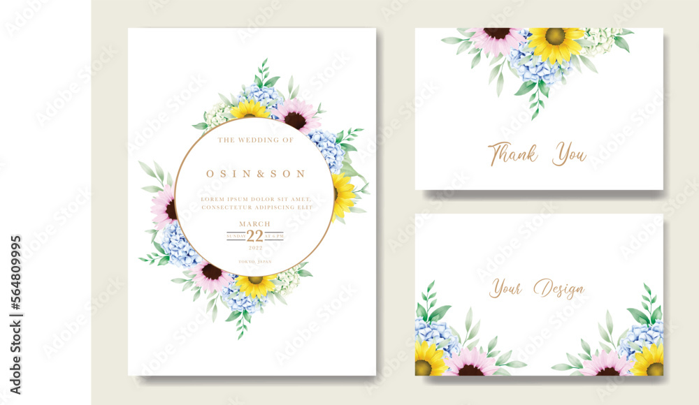 Beautiful watercolor Floral Hydrangea and Sun flower wedding invitation Card Template
