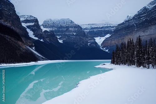 A photo of Lake Louise in Alberta, Canada in the winter, showcasing the stunning natural beauty of the area. photo