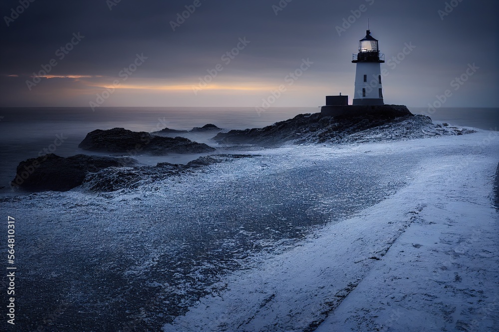 A photo of a lighthouse covered in snow, creating a frosty winter scene.