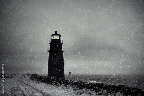 A photo of a lighthouse covered in snow, creating a frosty winter scene.