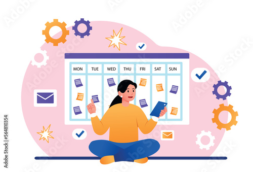 Woman with glider. Young girl sits in lotus position with smartphone in her hands. Time management and organization of effective workflow. Calendar with notes. Cartoon flat vector illustration