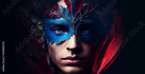 Carnival banner mardi gras young man wearing venetian mask looking at camera portrait copy space. Generative AI © fabioderby