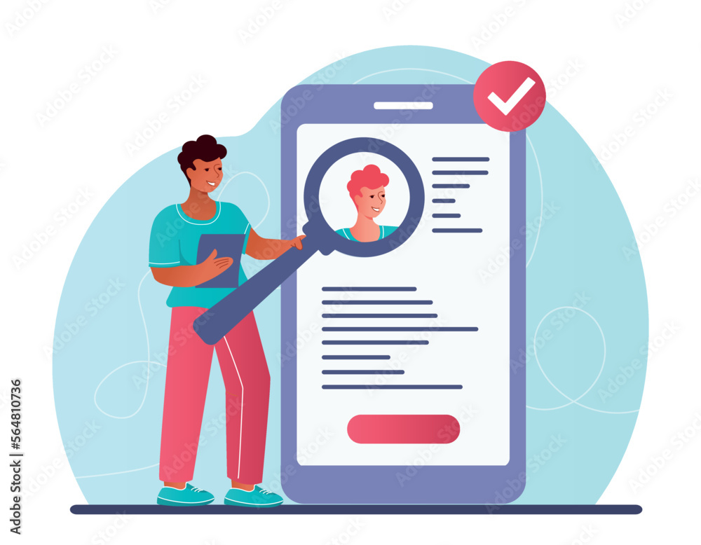 Job search concept. Man with magnifying glass evaluates resume or portfolio. Company candidate. Talented employee and HR manager. Poster or banner for website. Cartoon flat vector illustration Job search concept. Man with magnifying glass evaluates resume or portfolio. Company candidate. Talented employee and HR manager. Poster or banner for website. Cartoon flat vector illustration