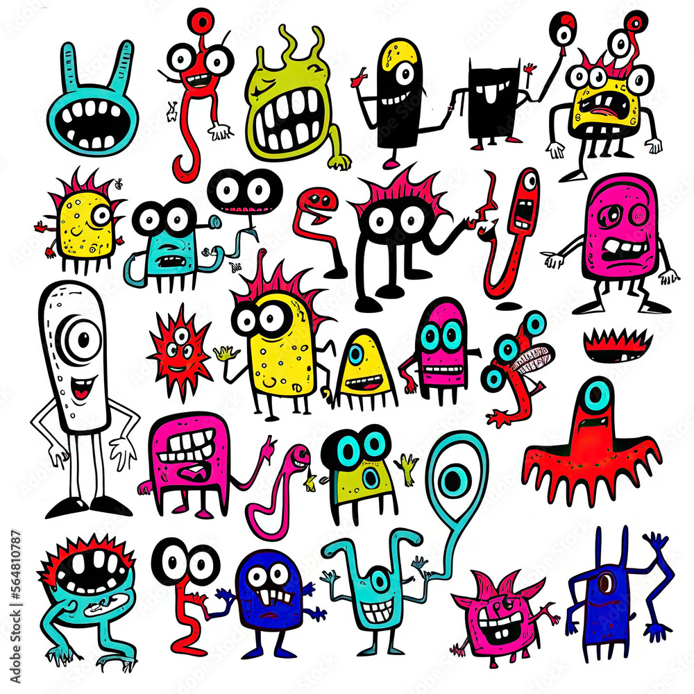 set of colorful cartoon doodle creatures and monsters illustration sprite flash sheet style, 