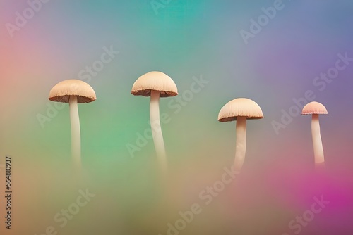 Strange mushrooms on soft pastel colors background, generative ai illustration, 