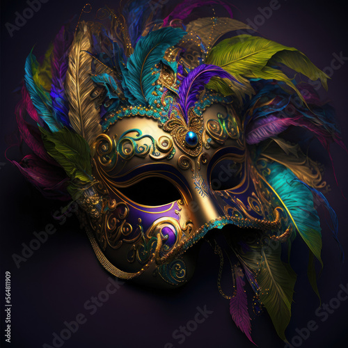 a colorful venetian mask with feathers on dark background, Generative AI © fotogestoeber