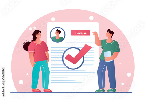 Man and woman with resume. HR managers evaluate candidate for vacancy. Teamwork and partnerships, analysis of potential employees. Staff expansion and recruitment. Cartoon flat vector illustration