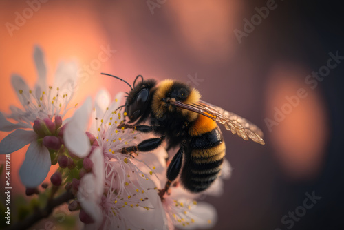 a bumble bee on a cheery blossom, Generative AI