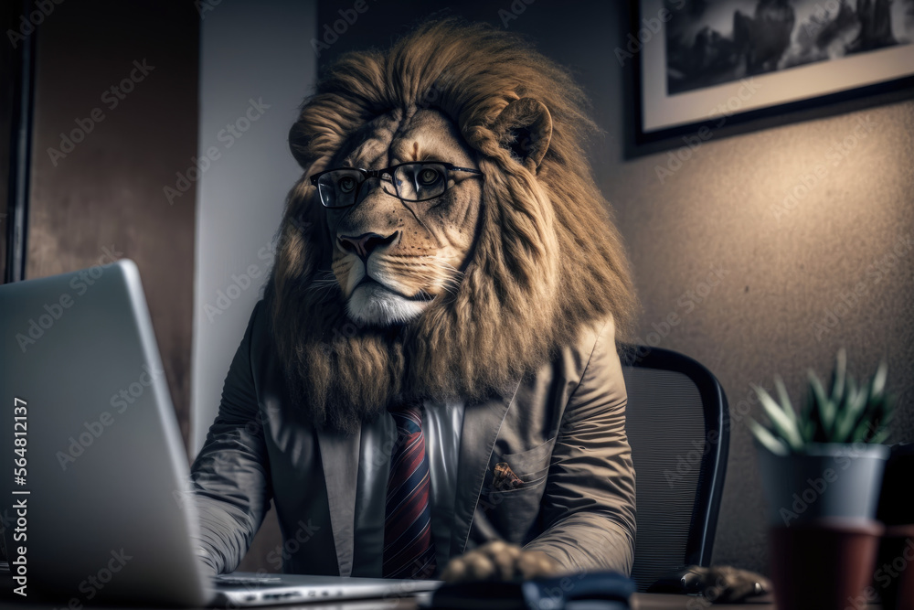 a lion in a business suit at the office, working on a computer, generative  ai Stock-Illustration | Adobe Stock
