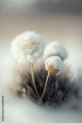 white cottongrass flower in the snow, Generative AI photo