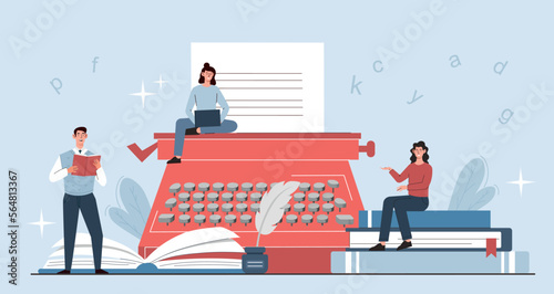 Creative people concept. Man with book and woman with typewriter. Team of copywriters and writer, talented authors produce content for websites. Remote employees. Cartoon flat vector illustration