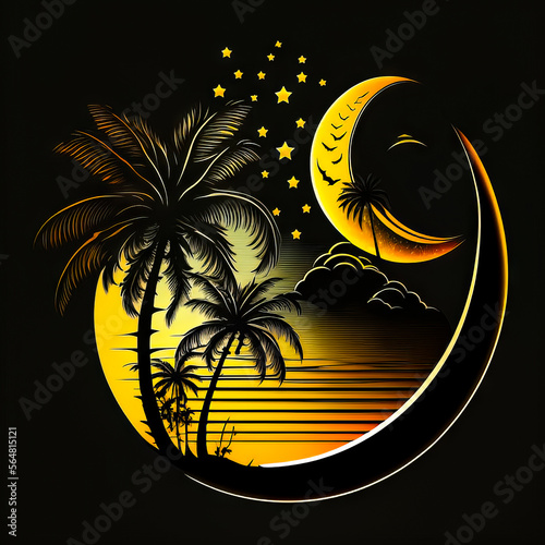 Moon and Stars over beach scene. 80s inspired retro wave logo design. 