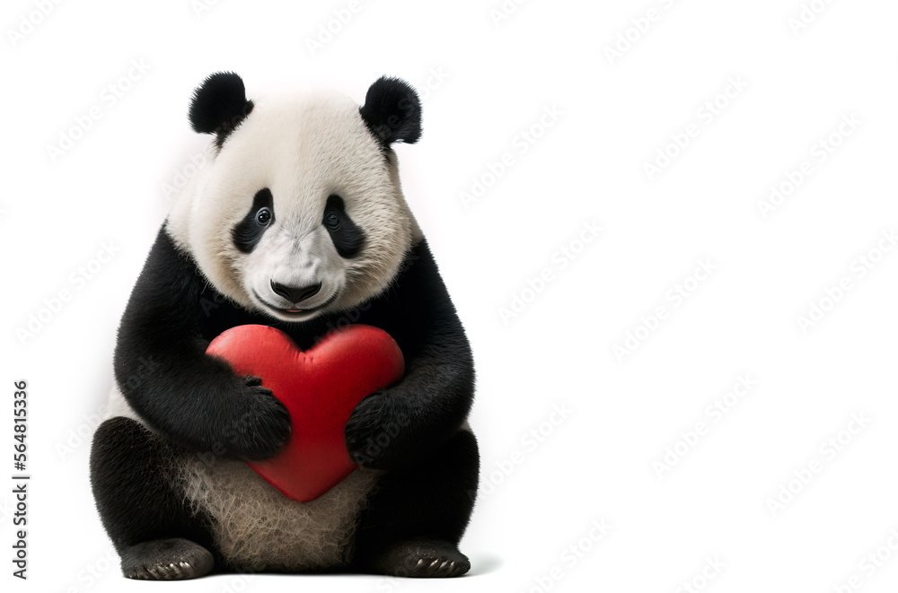 Valentines day panda bear celebrating valentines day. A Black and white bear holding a red heart and expressing love. A cute generative ai image on a white background.