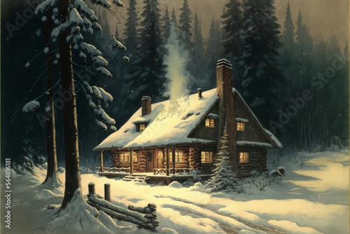 house in winter forest, oil painting, generative AI