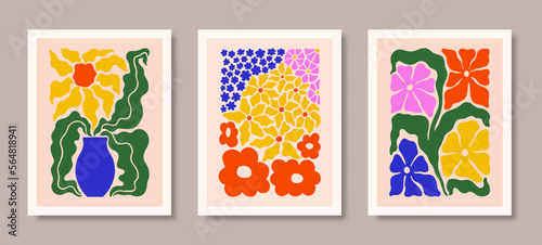 Abstract Floral Posters Set with Sunflower in Vase and Daisys . Modern Botanical Prints in Contemporary Style. Vector