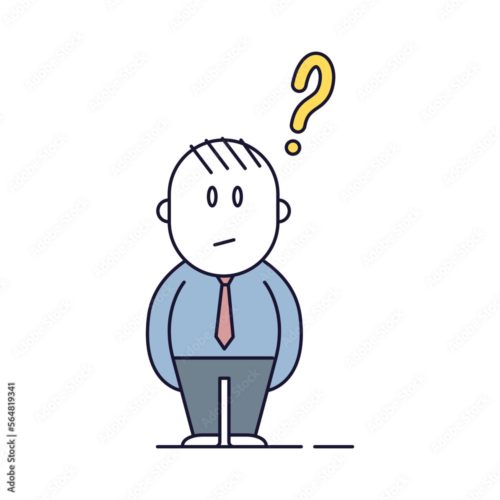 Business man character questioning. Vector thin line doodle icon illustration with little businessman person with question mark. Searching for solution, doubts, confusion, learning