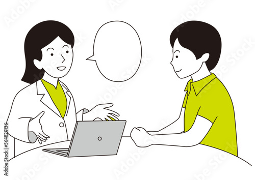 男性にパソコンを使って話をしている白衣の女性
