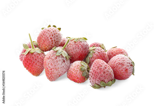 Heap of tasty frozen strawberries on white background