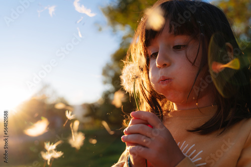 Child Blowing a Dandelion at sunset