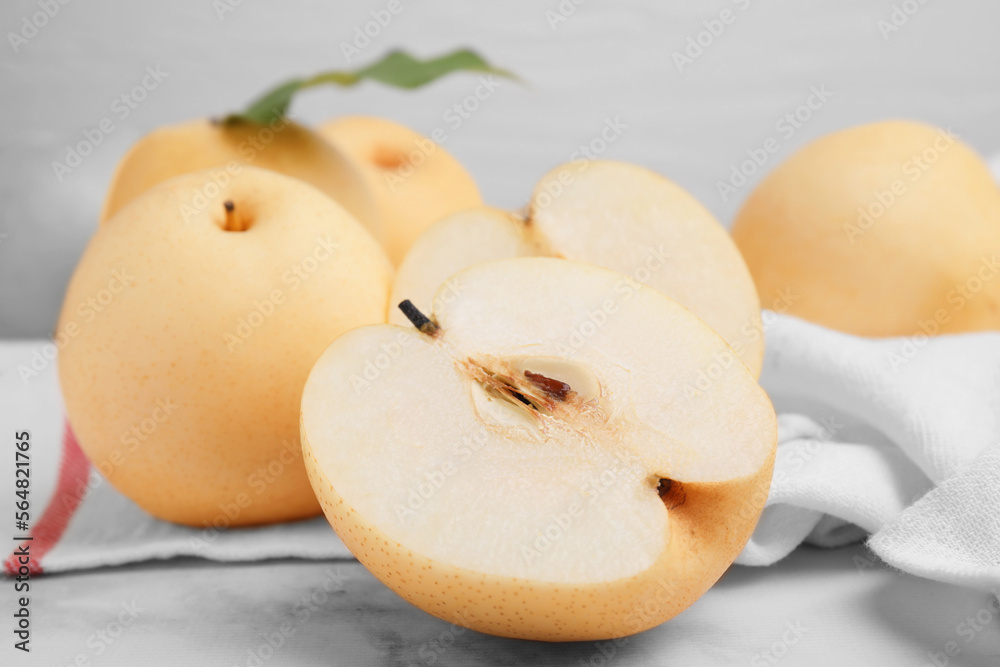 Delicious apple pears on white marble table, closeup Delicious apple pears on white marble table, closeup
