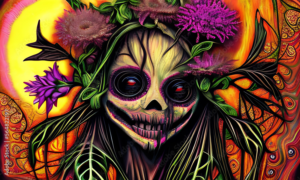 Generative AI : Scarecrow series - dark illustration of lady goth scarecrow with flowers